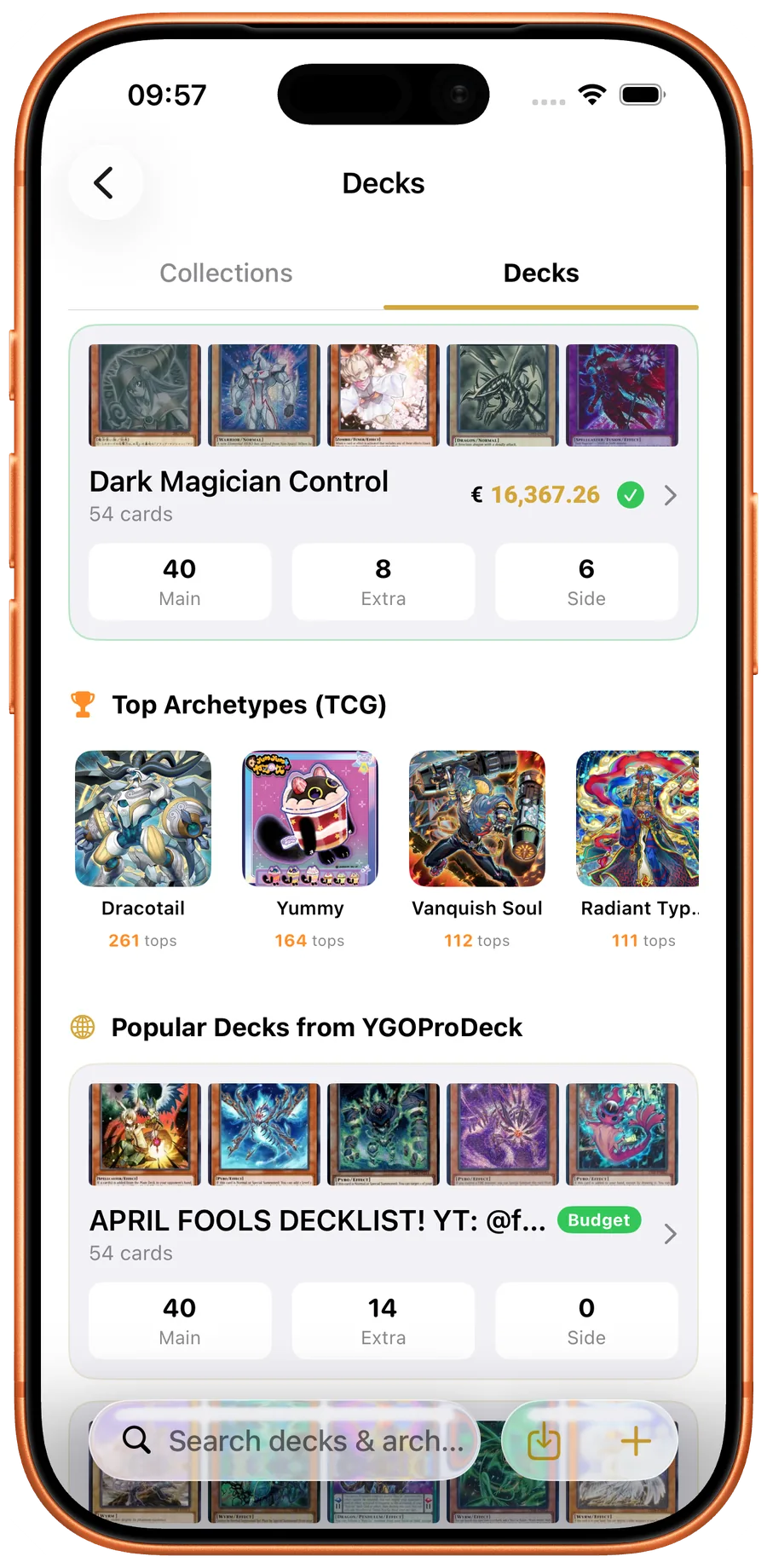 Yu-Gi-Oh! deck list with archetypes, card counts, and values