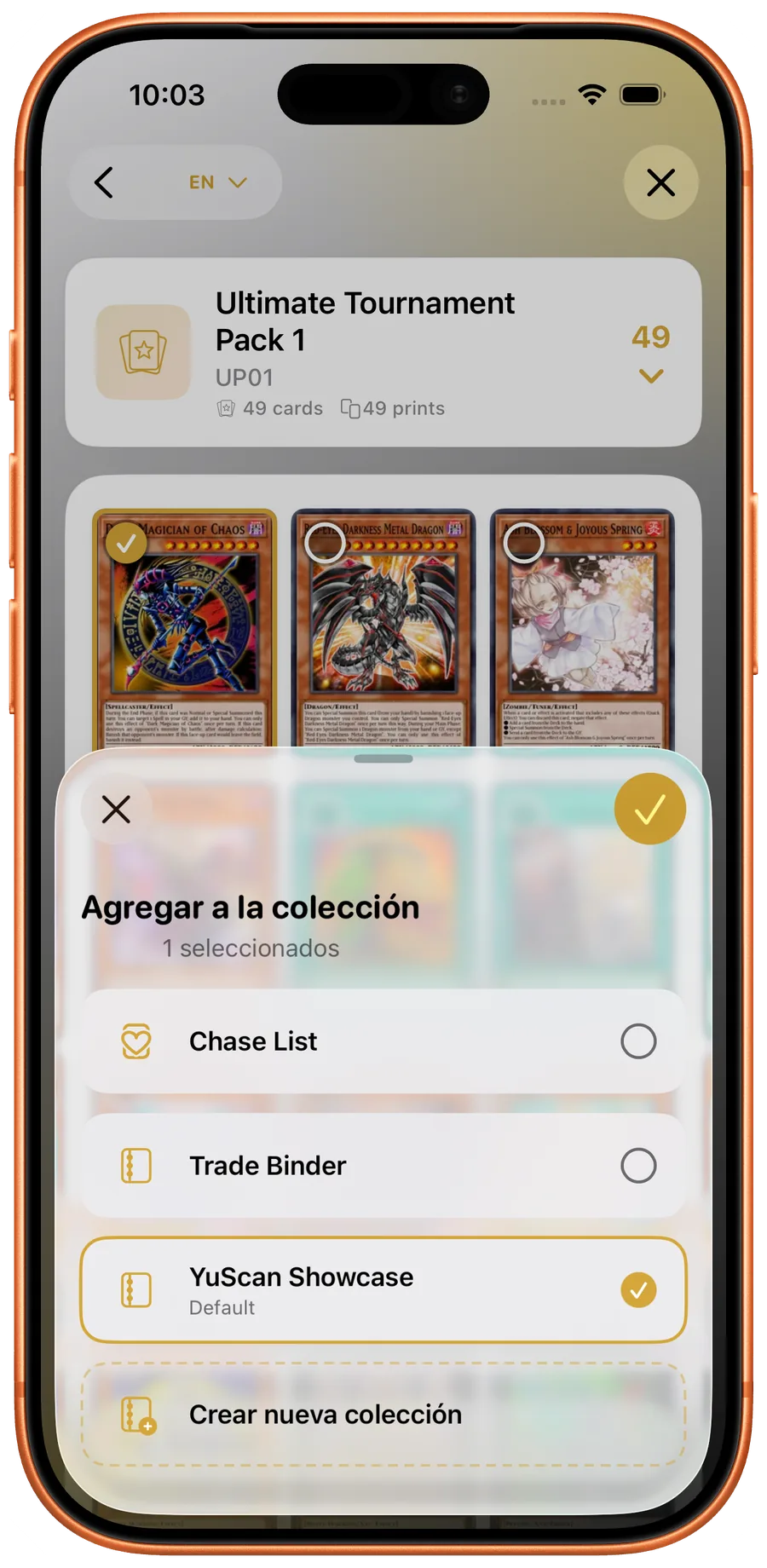 Anadir cartas Yu-Gi-Oh! seleccionadas a una coleccion