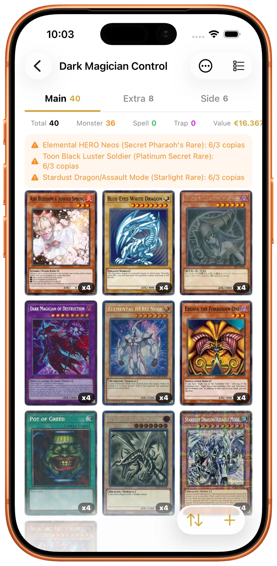Mazo Yu-Gi-Oh! validado con secciones Principal, Extra y Side Deck