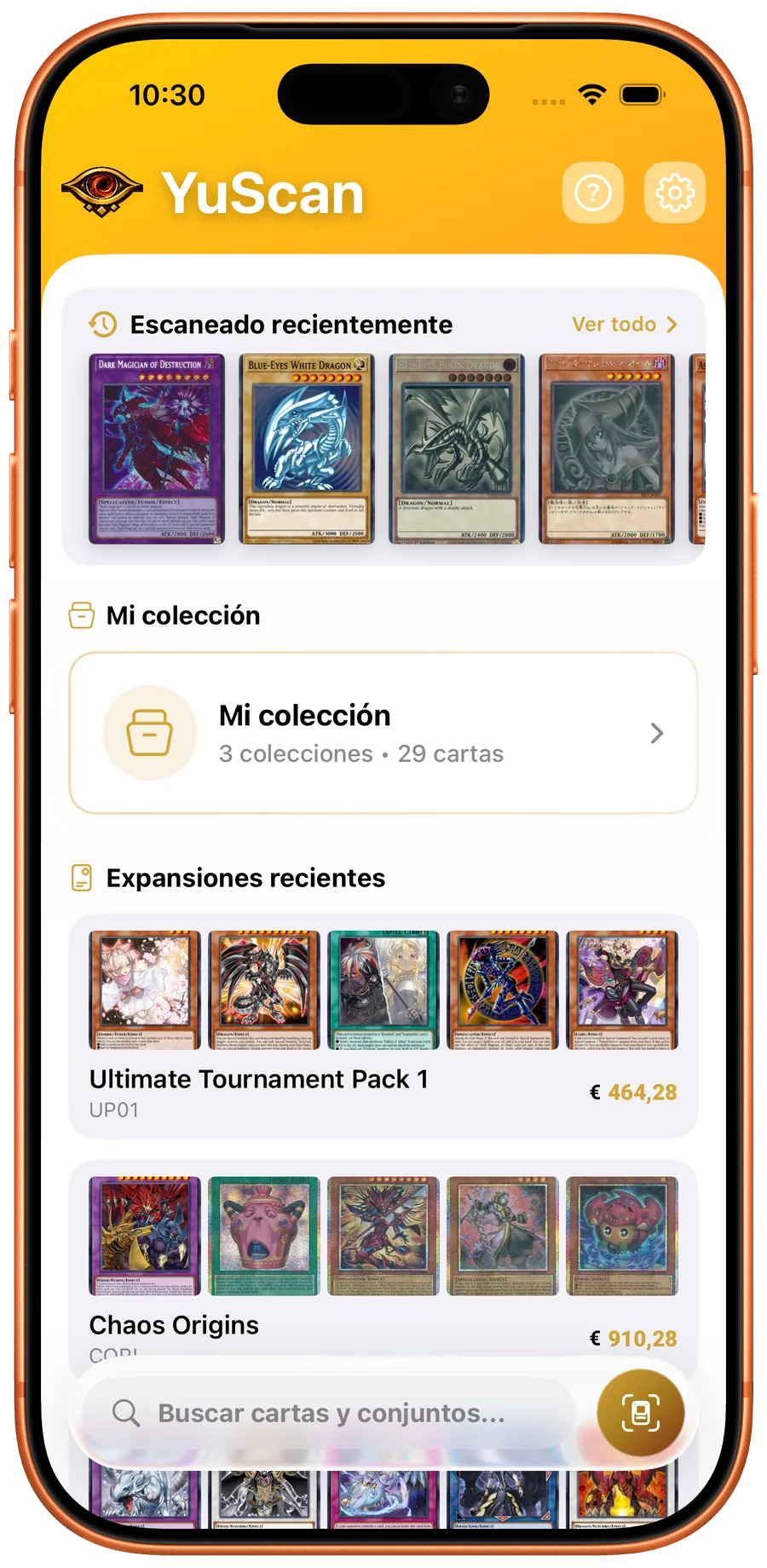 Pantalla de inicio de YuScan con cartas escaneadas y vistas previas de colecciones