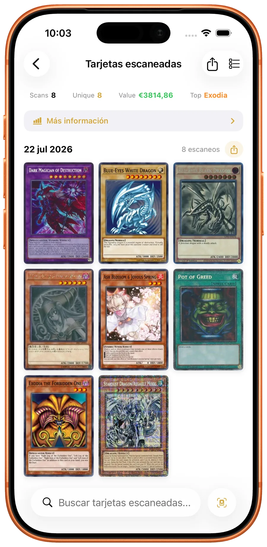 Historial con busqueda de cartas Yu-Gi-Oh! escaneadas recientemente