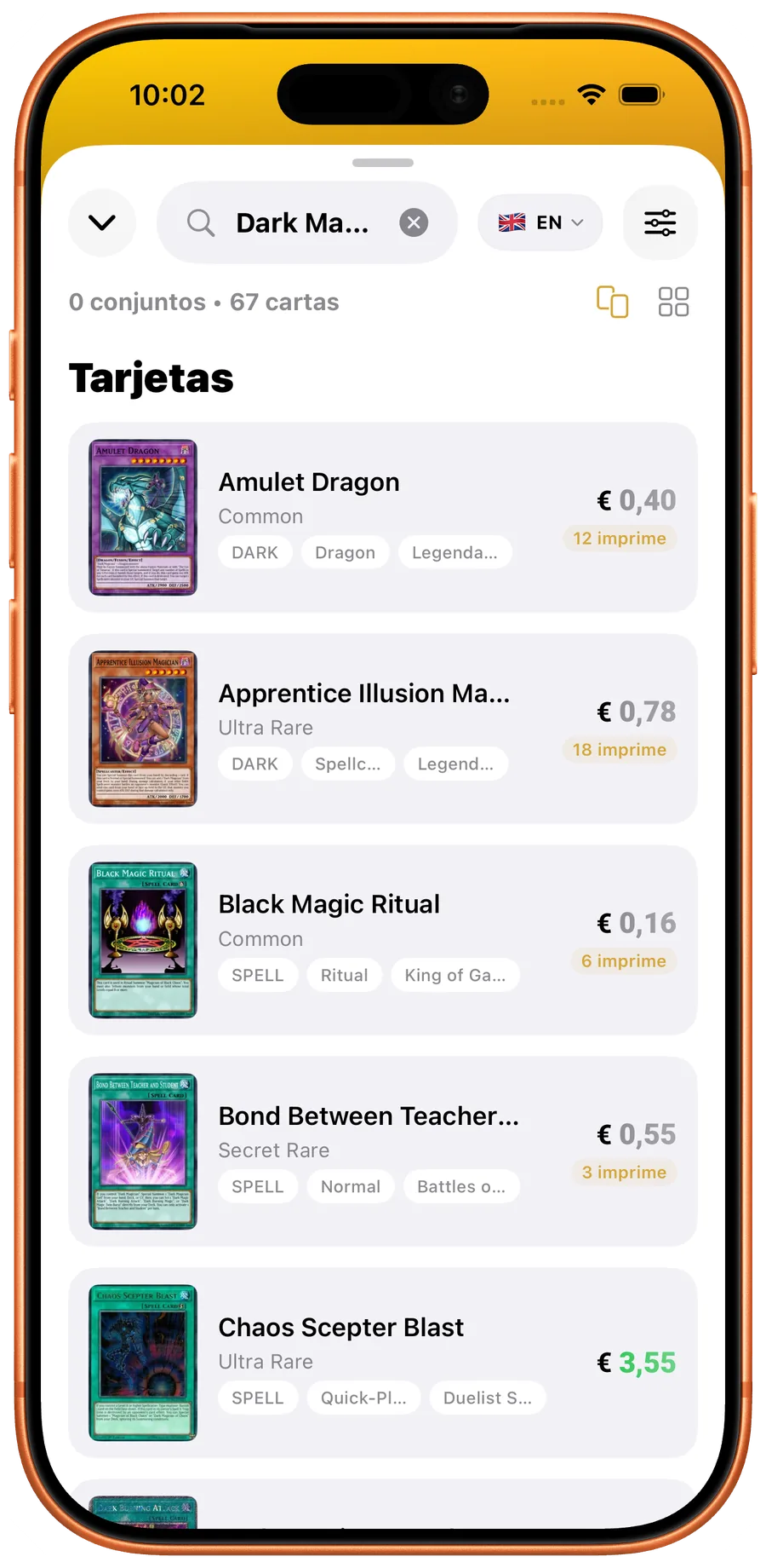 Resultados filtrados Yu-Gi-Oh! con precios y numero de impresiones