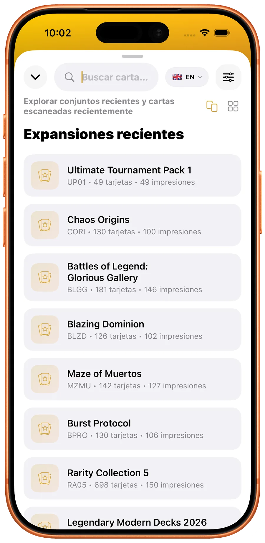 Busqueda de YuScan con expansiones Yu-Gi-Oh! recientes y filtros