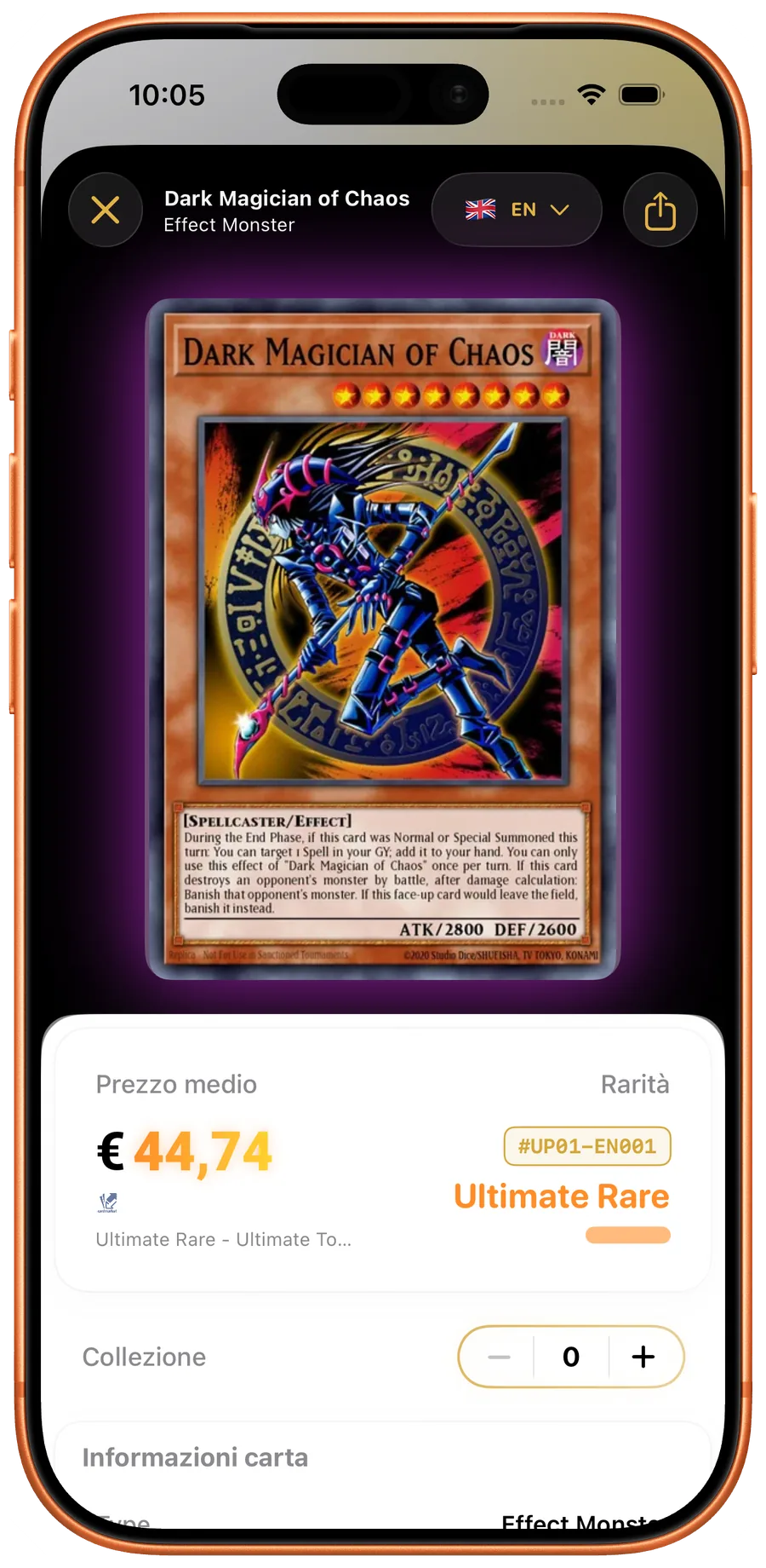 Dettagli della carta Yu-Gi-Oh! con stampa, rarita e prezzo di mercato